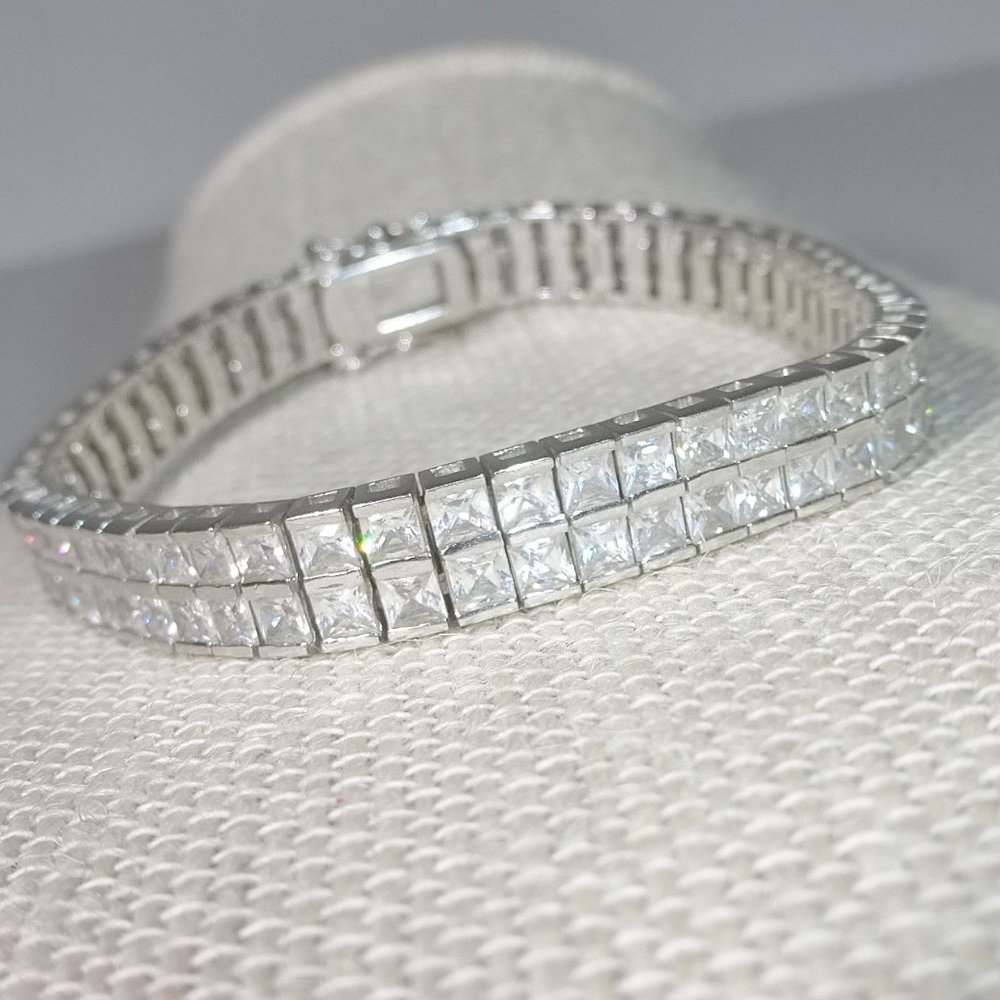 Silpada B1390 Sterling Silver Cubic Zirconia Tennis Bracelet Double Row Channel